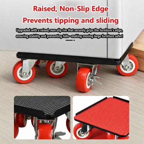 Close-up of Heavy Duty Furniture Movers With 4 Wheels And Lift Arm Tool Set showing non-slip edge and red wheels.