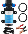 12V Electric Fuel Transfer Pump Kit With Hose For Gas And Diesel Quick No Mess Spill Free Refuel Drains A 5 Gallon Can In Minutes Moves Up To 85 Gallons Per Hour Clean Safe Operation With Copper Motor Portable And Durable showing pump and accessories