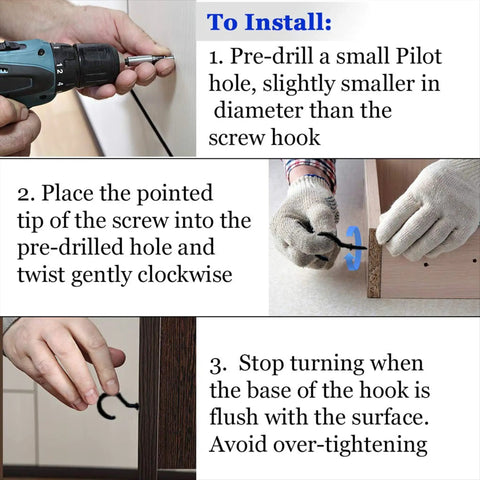 Installation guide for Super Sturdy Wall Hooks Transparent Adhesive Hangers showing screw attachment steps for easy setup.