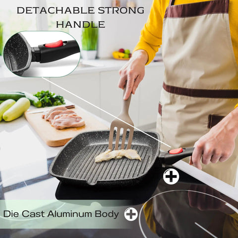 Square Indoor Grill Pan With Removable Handle For Even Heating Meat And Veggies, 11 Inch Nonstick Griddle Skillet in use