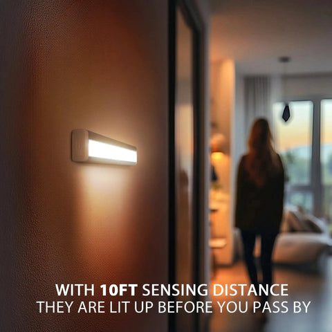 Motion Sensor Closet Night Light 10 LEDs Battery Operated Stick On in hallway, illuminating with person approaching