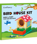 DIY Wooden Bird House Kit For Kids Ages 4 And Up Build And Paint Craft Set With Pre Drilled Pieces Includes Paints And Brushes, Easy To Follow Instructions For Creative Family Fun. Box showing painted wooden bird house kit with paints and brushes