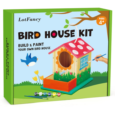 DIY Wooden Bird House Kit For Kids Ages 4 And Up Build And Paint Craft Set With Pre Drilled Pieces Includes Paints And Brushes, Easy To Follow Instructions For Creative Family Fun. Box showing painted wooden bird house kit with paints and brushes