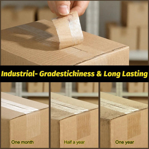 Clear Heavy Duty Packing Tape Refill Rolls, 6 Rolls, 2 Inch Wide By 65 Yards Each, shown sealing boxes and tested for durability over one year.