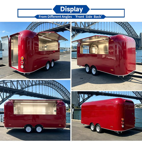 Ready To Roll 16 Foot Red Stainless Steel Food Trailer With Dot Certified Mobile Kitchen Setup For Hustling Entrepreneurs And Laid Back Roadside Success, viewed from multiple angles.