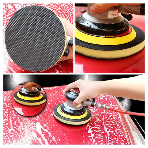 6 Inch Fine Grade Clay Pad For DA Polisher in use on car surface with Velcro backing visible, clay bar pad wipe foam pad for detailing.