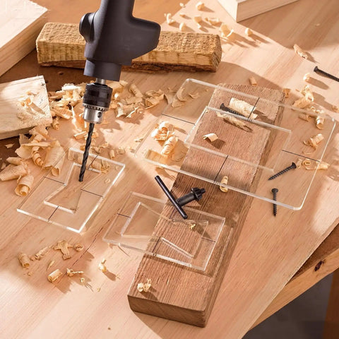 Pro Tier 3 Pack Bow Tie Inlay Router Template Kit With Slick Acrylic Guides on wood with drill and wood shavings