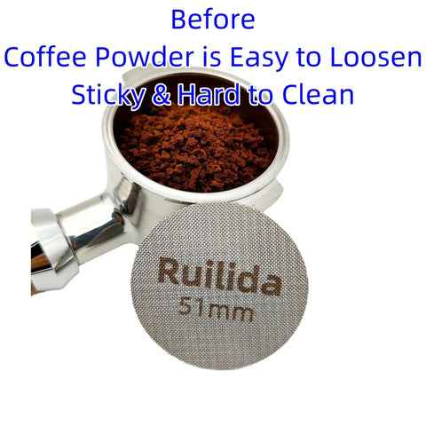 Espresso Puck Screen 51mm, 316 Stainless Steel, shown with coffee grounds in a portafilter, prevents sticking to shower screen