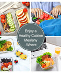 Collage of 10 Pack Glass Meal Prep Containers With Airtight Lids filled with colorful meals, showcasing versatility for various settings.