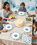 Awesome Blueberry Party Supplies 200 Piece Disposable Tableware Set with family at a birthday picnic, featuring gingham plates.