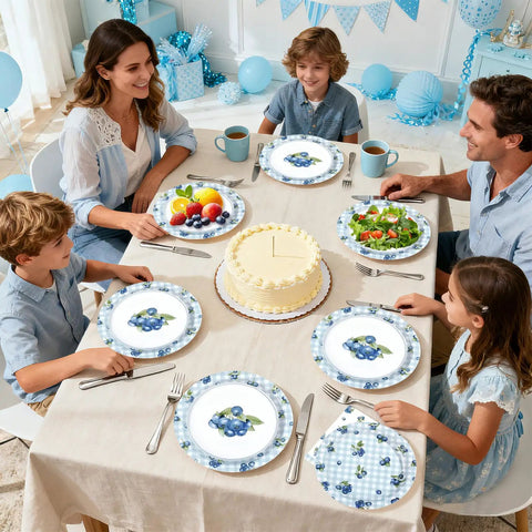 Awesome Blueberry Party Supplies 200 Piece Disposable Tableware Set with family at a birthday picnic, featuring gingham plates.
