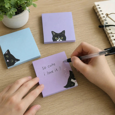 Black Cat 3x3 Sticky Notes Set Self Stick Memo Pads with cat design on desk, handwritten message on purple pad