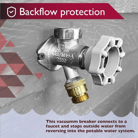 Three Quarter Inch Solid Brass Hose Bib Backflow Preventer For Garden Spigot And RV installed on outdoor faucet