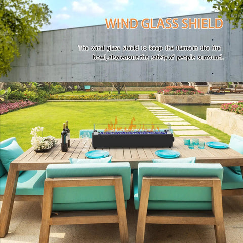 Outdoor setup showing 28 Inch Tabletop Propane Fire Pit With 40,000 BTU, Portable Outdoor Rectangular Fire Bowl on table.
