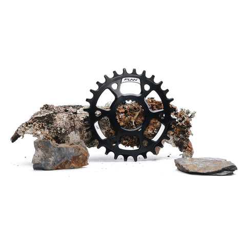 Narrow Wide 30T Direct Mount Chainring for Shimano MTB Cranks on rocks, 7075 aluminum CNC finish, durable design.