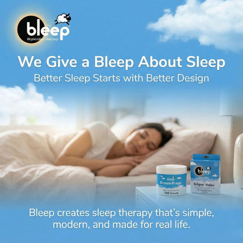 Bleep sleep therapy ad with sleeping woman and Eclipse Halos product box on bedside table