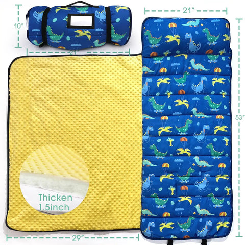 Toddler Nap Mat With Pillow And Blanket Extra Large Rolled Nap Mats For Daycare And Travel Kid Friendly Slumber Bag With Dinosaur Theme