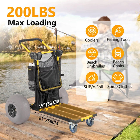 Foldable 2 In 1 Beach Wagon Cart With 12 Inch Balloon Wheels for Sand, large cargo deck, fishing rod holder, and mesh bags.