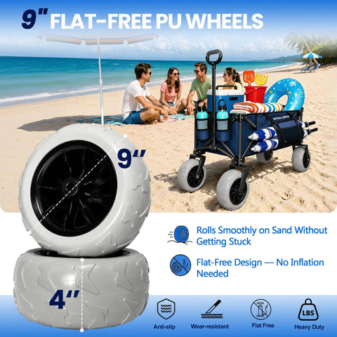 Beast Heavy Duty Beach Wagon With 9x4 All Terrain Sandproof Wheels, 300L Oversized Foldable Cart And Side Bag in use on beach