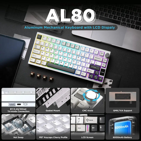 Slick Pro Wireless Aluminum 75 Percent Mechanical Keyboard With Custom LCD Display Gateron Zero Switches And Killer RGB Lighting For Your Daily Driver Rig on a sleek desk.