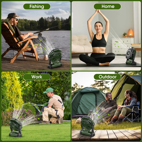 Portable Rechargeable Fan With 20000mAh Battery Cordless USB C Tent Fan With LED Lantern For Outdoor Camping And Travel Great For Fishing Picnics Home Power Outages And Emergency Backup, shown in diverse settings like fishing, home, work, and outdoor camping.