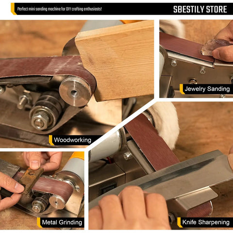 7 Speed Electric Knife Sharpening System With Belt Grinder Adjustable Knife Making Belt Sander in use for woodworking and knife sharpening