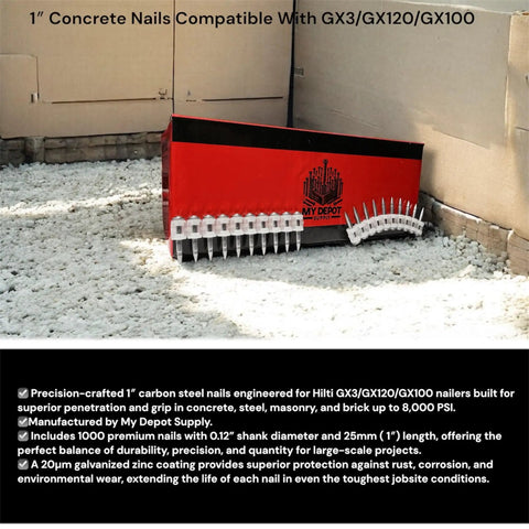One Inch Concrete Nails For Heavy Duty Framing And Masonry, 1000 Count with zinc coating beside red box in gravel area.