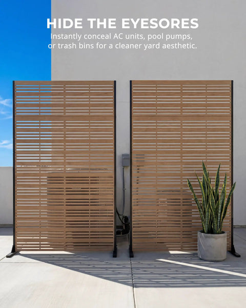 Sturdy 6Ft Outdoor Privacy Screen That Stays Put In Wind, Heavy-Duty 37Lb Freestanding Metal Panel with 16In Deep Base on Patio