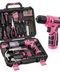 157 Piece Pink Cordless Drill Tool Set With LED Light And Variable Speed featuring various tools and accessories in a black carrying case.