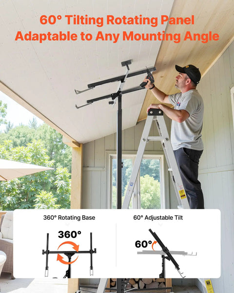 Man using VEVOR 11ft Drywall Lift Heavy Duty 150 Lbs Sheetrock Hoist with 60° adjustable tilt for ceiling installation.