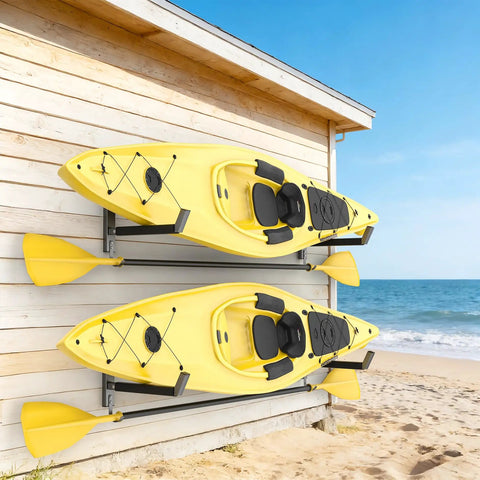 Heavy Duty Wall Mount Kayak Rack For Garage With Rock Solid Steel Kayak Storage Hangers Holding Up To 200 Pounds, displaying two yellow kayaks.