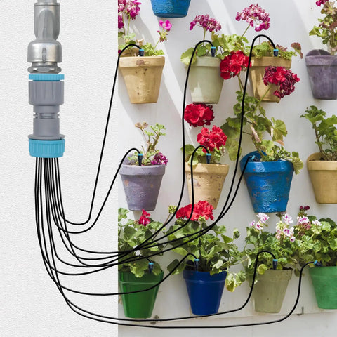Automatic Drip Irrigation Kit With 10 Drip Emitters And 52 Foot Tubing For Garden Watering shown with potted plants