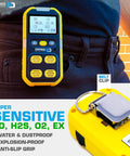 4 Gas Meter For Confined Space With O2 CO H2S LEL Sensors Factory Calibrated clipped to belt, showing handheld design.