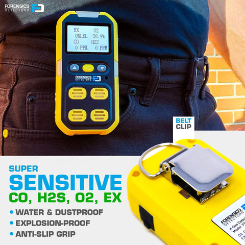 4 Gas Meter For Confined Space With O2 CO H2S LEL Sensors Factory Calibrated clipped to belt, showing handheld design.