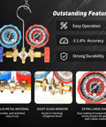 Pro Grade 3 Way Manifold Gauge Set For R134A R12 R22 R502 With Case, All In One Freon Charging Kit Includes Color Coded Hoses, Quick Couplers, Puncturing Tap, 410 Adapter, Valve Core Tool, And Durable Storage Case. Brass manifold gauge with blue and red dials, hoses, and metal body.