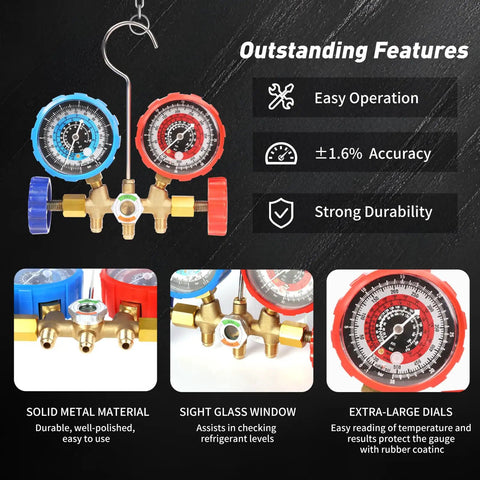 Pro Grade 3 Way Manifold Gauge Set For R134A R12 R22 R502 With Case, All In One Freon Charging Kit Includes Color Coded Hoses, Quick Couplers, Puncturing Tap, 410 Adapter, Valve Core Tool, And Durable Storage Case. Brass manifold gauge with blue and red dials, hoses, and metal body.