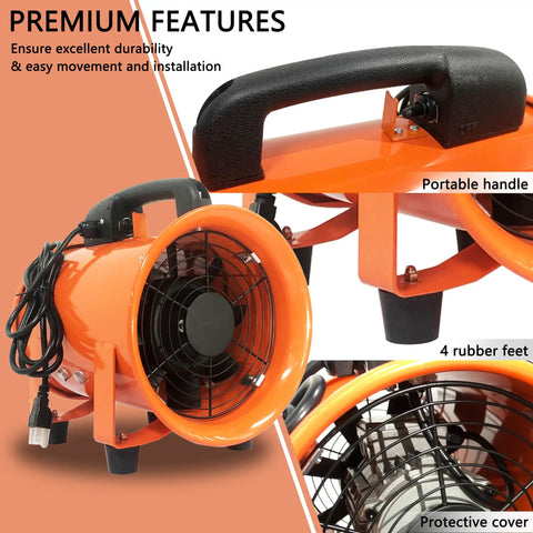 8 Inch Portable Axial Exhaust Fan with 900 CFM High Velocity Airflow, featuring portable handle, 4 rubber feet, and protective cover