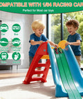 Two kids playing with cars on a colorful slide indoors, poster showing compatible with 1/64 racing cars for imaginative play.
