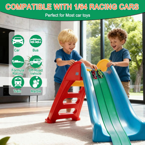 Two kids playing with cars on a colorful slide indoors, poster showing compatible with 1/64 racing cars for imaginative play.