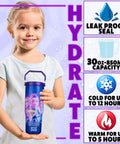 Girl holding Demon Hunters 30 Ounce Tumbler With Straw And Handle For Girls Teens Insulated Stainless Steel Travel Mug, features highlighted
