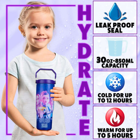 Girl holding Demon Hunters 30 Ounce Tumbler With Straw And Handle For Girls Teens Insulated Stainless Steel Travel Mug, features highlighted