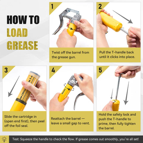 Instructional image showing how to load grease into a Mini Grease Gun Kit with Barrel, T-handle, and 3 oz grease cartridge.