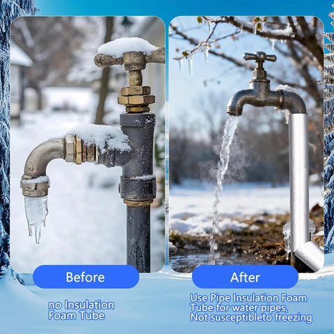 Before and after using 14 Pack Pipe Insulation Foam Tubes With Self Adhesive Aluminum Foil Wrap on outdoor faucet
