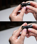 Hands holding Magnetic WDT Tool For Espresso Puck Prep With 120 Degree Adjustable Angle Includes 0.25mm And 0.40mm Needles