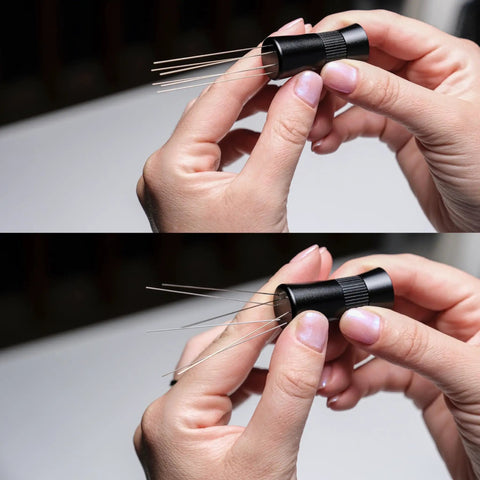 Hands holding Magnetic WDT Tool For Espresso Puck Prep With 120 Degree Adjustable Angle Includes 0.25mm And 0.40mm Needles