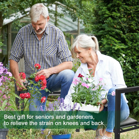 Seniors using Heavy Duty Garden Kneeler And Seat 2 In 1 Foldable Work Stool while gardening with flowers, greenhouse background.