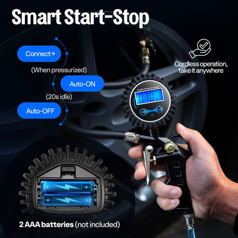 Two Pack Digital Tire Inflator With Pressure Gauge And Backlit Display For Nite Use shown with Smart Start-Stop feature