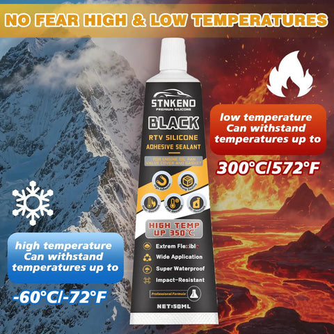 Heavy Duty RTV Gasket Sealant And High Temp Black Silicone Adhesive For Gearboxes Axles Pumps Superchargers Provides Rock Solid Sealing Power With Heat Resistance And Oil Proof Seal For Tough Jobs Without Breaking A Sweat In 3.5 Oz tube on dramatic mountain and lava backdrop.