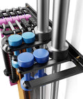 Close-up of Beast Wall Mounted Home Gym Rack with 175 lb total capacity holding various gym equipment neatly on wall
