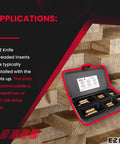 Open kit of Knife Threaded Inserts For Hardwood with Drill And Drive Tool, showing brass inserts and application in wood.